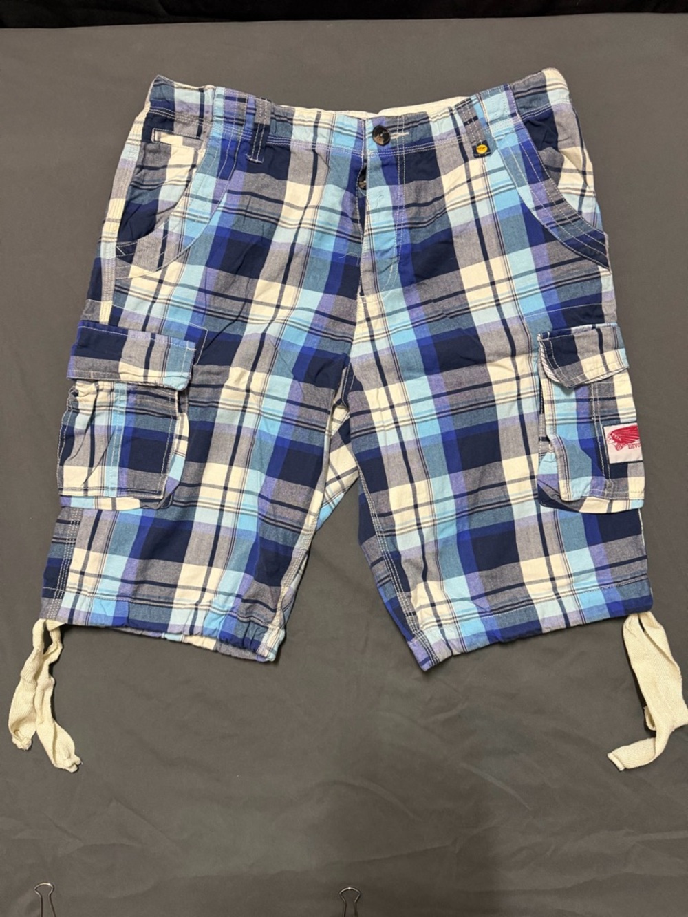Men's Blue Plaid Cargo Shorts with Drawcord Hem